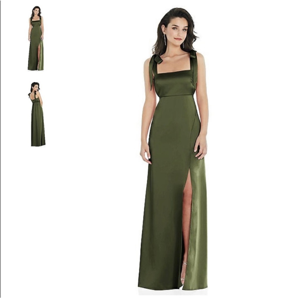 FLAT TIE-SHOULDER EMPIRE WAIST MAXI DRESS FRONT SLIT OLIVE GREEN LUX CHARMEUSE